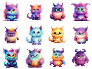 Twelve Colorful Furry Creatures with Various Expressions