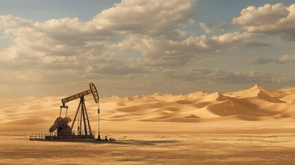 Naklejka premium An oil well operating in a vast desert landscape with sand dunes in the distance