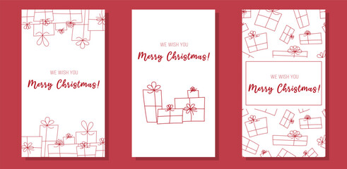 Christmas Stories templates for social media on a white background. Stories with gifts and Christmas greetings in doodle style