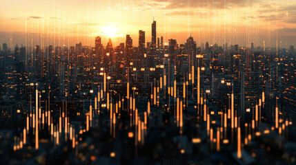 Stock market bar chart letting see a modern city business center in background representing finance investment and trading concept