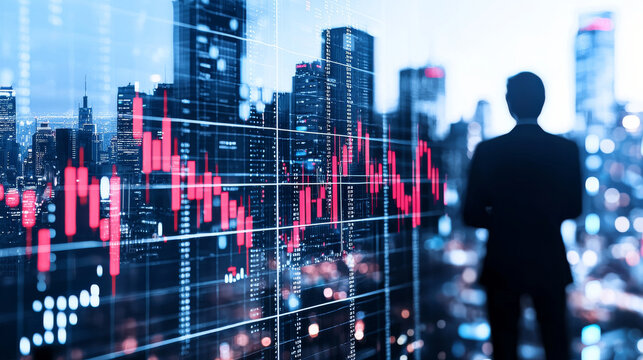Stock market bar chart letting see a modern city business center in background representing finance investment and trading concept - Powered by Adobe