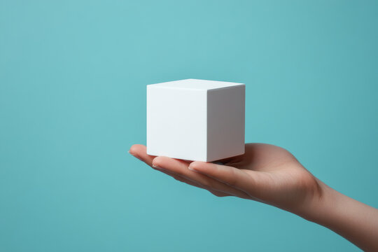 Minimalism concept image with a person hand holding a minimalist plain white cube shape object isolate on an empty blue background