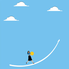 Woman with coin runs in ascending arrow