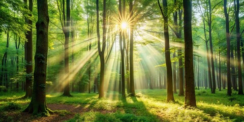 Sunlight shining through trees in a lush woodland forest