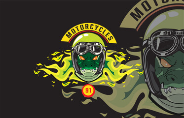 Vector logo of a green crocodile head wearing a green helmet, with flames in the background, motorcycle club theme, black backdrop.
