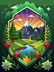 Mountainous Landscape Framed by Green Foliage and Flowers