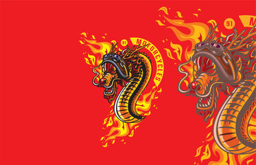 Vector logo of a red dragon wearing a brown helmet, with flames in the background, motorcycle club theme, red backdrop.