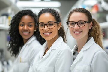 Three female scientists in lab coats, smiling, diverse team