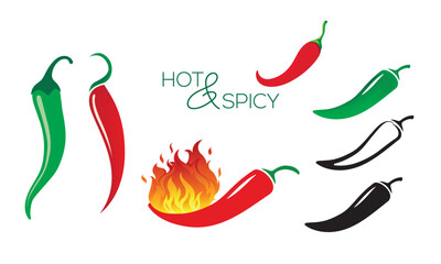 Naklejka premium Spicy chili pepper vector icons. Mild to spicy and red chilly pepper red icons for burgers fastfood and hot spicy fire symbol design vector.