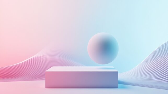 Creative concept with geometric shapes orbiting a central pedestal, with pastel waves and a subtle background, representing innovation.