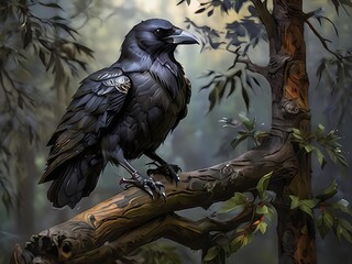 Fototapeta premium Majestic black raven perched on a weathered branch, with a dark, moody forest in the background.