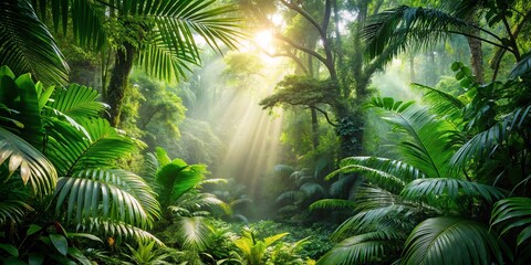 Obraz premium Lush tropical jungle with sunlight peeking through dense foliage