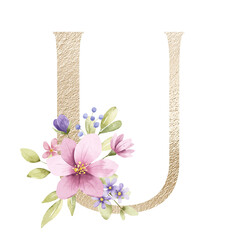 Letter U, golden floral monogram with watercolor flowers and leaf. Gold letterhead, initial perfectly for logo, wedding invitation, greeting card, poster. Holiday digital design hand drawing.