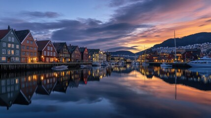 Naklejka premium Dusk at Bergen's Bryggen harbor, with the historic buildings illuminated against a serene sky and reflections dancing on the water