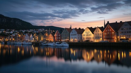 Fototapeta premium Dusk at Bergen's Bryggen harbor, with the historic buildings illuminated against a serene sky and reflections dancing on the water