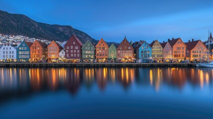 Obraz premium Dusk at Bergen's Bryggen harbor, with the historic buildings illuminated against a serene sky and reflections dancing on the water