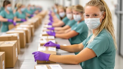 Healthcare workers wearing scrubs and masks, packing and sorting boxes on a production line, demonstrating teamwork and safety practices.
