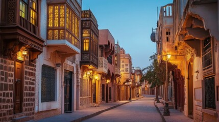 Fototapeta premium Evening view of the Al-Balad historic district in Jeddah with its traditional coral stone houses.