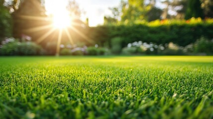 Freshly mowed green lawn under bright sunlight, with a blurred background of a well-groomed garden area
