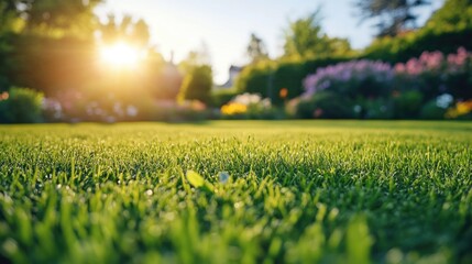 Freshly mowed green lawn under bright sunlight, with a blurred background of a well-groomed garden area