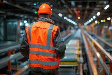 Worker in high-visibility safety vest and helmet overseeing factory production line. Concepts of industry, manufacturing, and workplace safety.