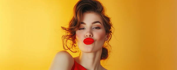Glamorous woman with red lipstick puckering her lips against a vibrant yellow background. Concepts of beauty, confidence, and striking visual appeal.