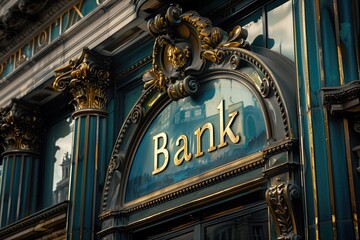 Ornate façade of a traditional bank building with gold and blue accents in historic architecture style. Concepts of finance, banking institutions, and economic infrastructure.