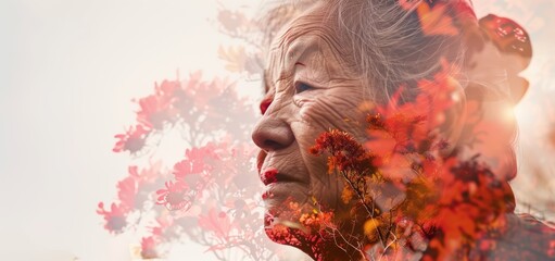 Fototapeta premium Elderly woman gazing into distance with overlay of vibrant red flowers. Illustrates concepts of aging, reflection, and the beauty of nature.