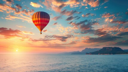 Vibrant hot air balloon floating over calm ocean during picturesque sunset with scenic mountains. Represents themes of adventure, tranquility, nature, and breathtaking travel experiences.