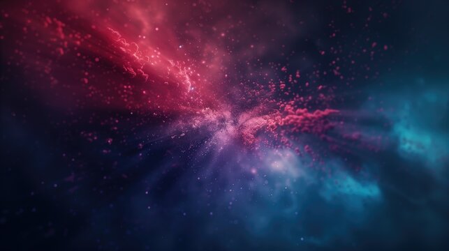 Abstract cosmic explosion with vibrant pink and blue particles against a dark background. Concepts of space, energy, and dynamic movement.