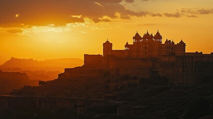 Obraz premium Jaswant Thada glowing in the last light of the day with Mehrangarh Fort silhouetted, Jodhpur, India