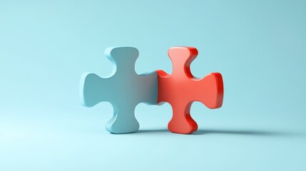 3D render of two puzzle pieces fitting together on a light blue background