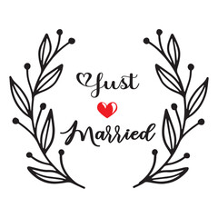 Just married postcard. Hand drawn brush style modern calligraphy. Vector illustration of handwritten lettering.