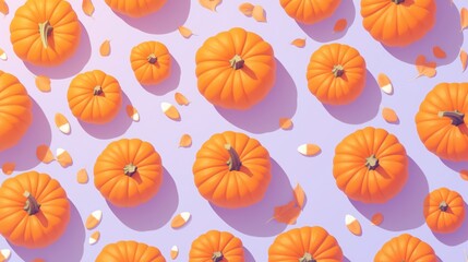 Fototapeta premium Vibrant orange pumpkins and autumn leaves scattered on a purple background. Concepts of fall, harvest, and seasonal decoration.