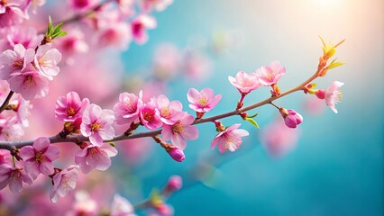Pink blossoms on a branch with soft blue-pink background