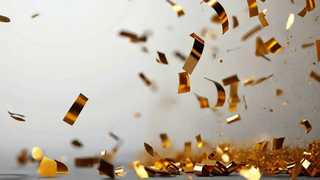 Festive shiny golden confetti, falling celebration background, sparkling and vibrant, clean white
