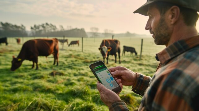A farmer uses a smartphone app to monitor and manage his cattle in a pasture, embracing modern technology in traditional farming practices.