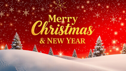 Gold Christmas and New Year Typographical on red Xmas background with winter landscape with snowflakes, light, stars.
