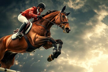 Naklejka premium Equestrian jumping event, horse and rider in action