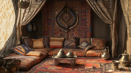 of a traditional Saudi Arabian tent with carpets, cushions, and a coffee pot.