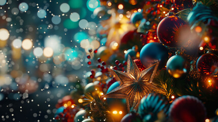 Obraz premium Sparkling Christmas Tree Glowing in Winter's Soft Embrace