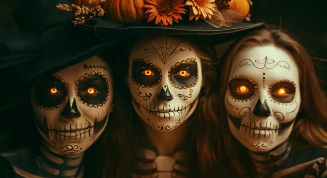 Friends taking selfies in their Halloween costumes at a party