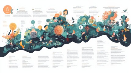 Illustrative infographic depicting a whimsical journey through nature, blending text and imagery to convey information on various ecological and environmental concepts and facts.