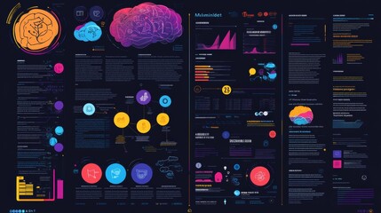 An infographic with vibrant colors illustrating complex data and charts related to neuroscience, technology, and digital transformations, featuring graphs, text, and visual icons.