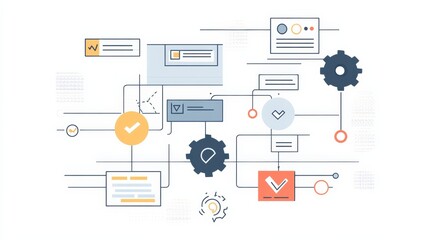 A digital illustration showing interconnected gears, checkmarks, and diagrams depicting workflow processes and project management elements.