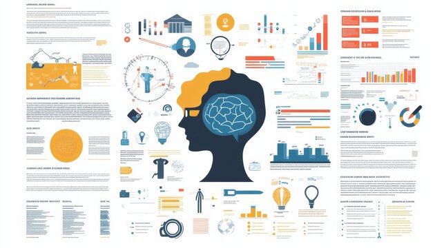 Data visualization of various statistics and information surrounding human cognition, featuring charts, graphs, and icons illustrating trends, analysis, and cognitive processes.