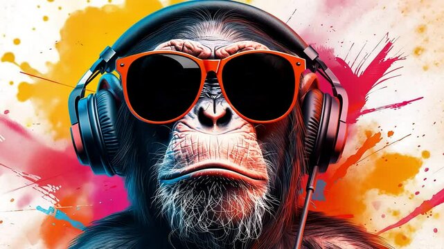 Energetic monkey with microphone, hip-hop style, bold strokes, isolated on white