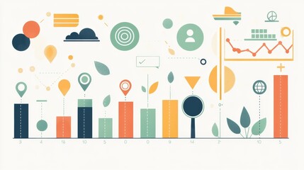 A colorful infographic featuring various bar charts, line graphs, and icons representing data trends and analysis, using vibrant geometric shapes and simple designs.