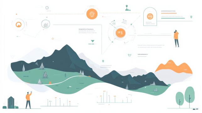 Illustration showing data visualization elements, graphs, and charts integrated into a landscape scene with mountains, trees, and people interacting with data points.