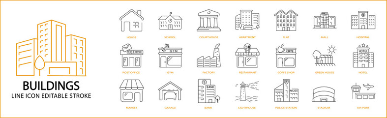 Building web icons in line style. Containing home, house, apartment, hospital, hotel, contour, estate, government, school, shop, industry, museum. Vector illustration.